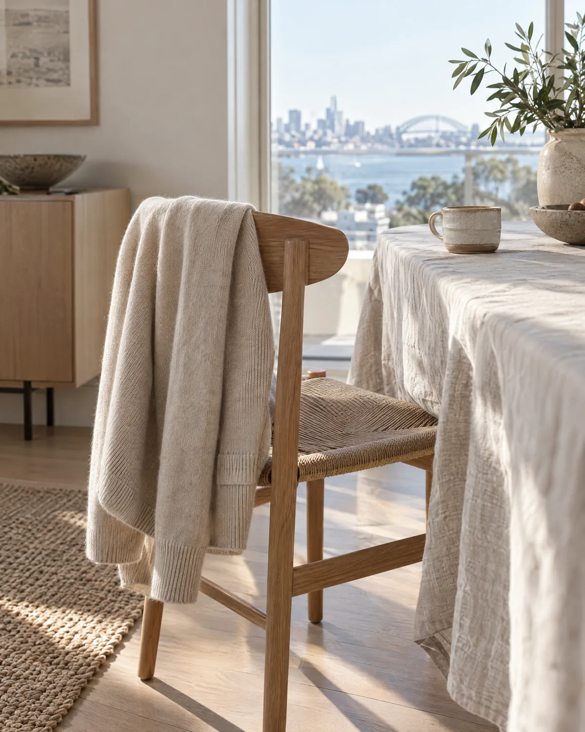 An oat cardigan draped over a timber chair at a table in a bright room overlooking the harbour