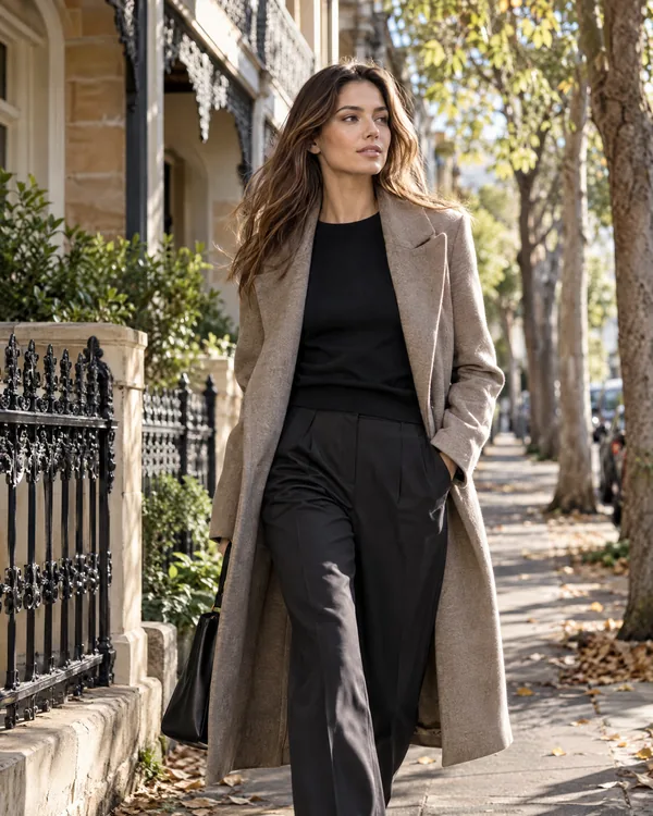 A model walking down a street in a taupe wool coat