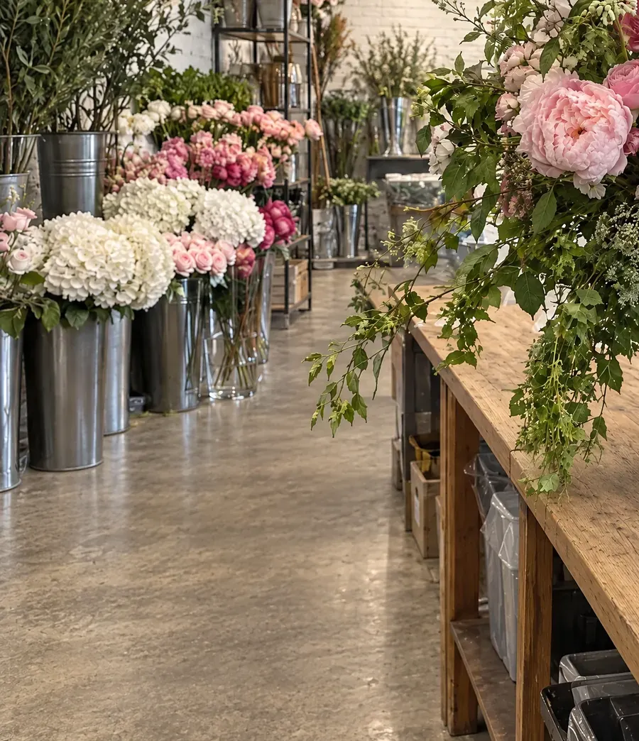 Inside the Woollahra shop: hydrangeas in steel buckets and a long timber bench