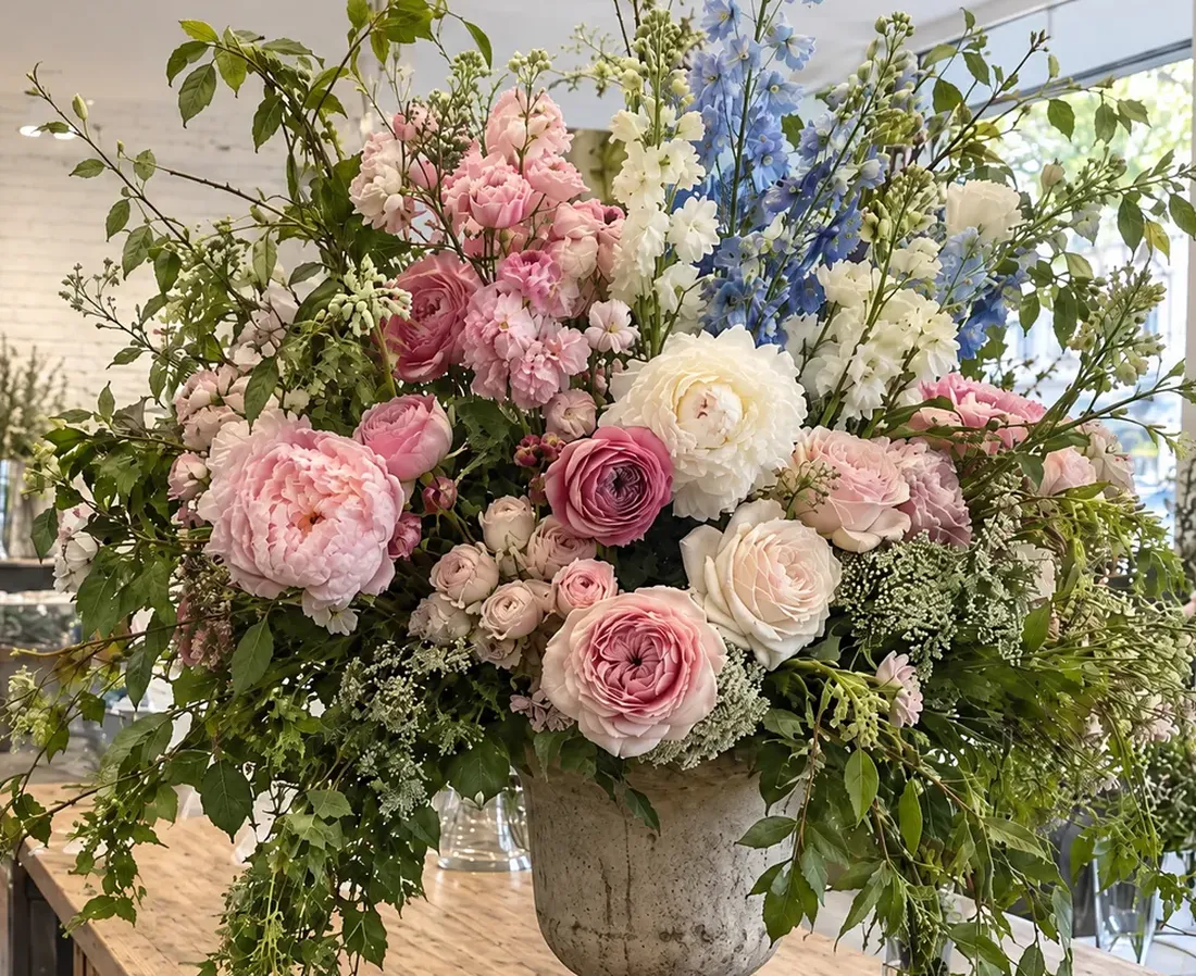 Garden roses and white lilac with trailing foliage, shot in window light