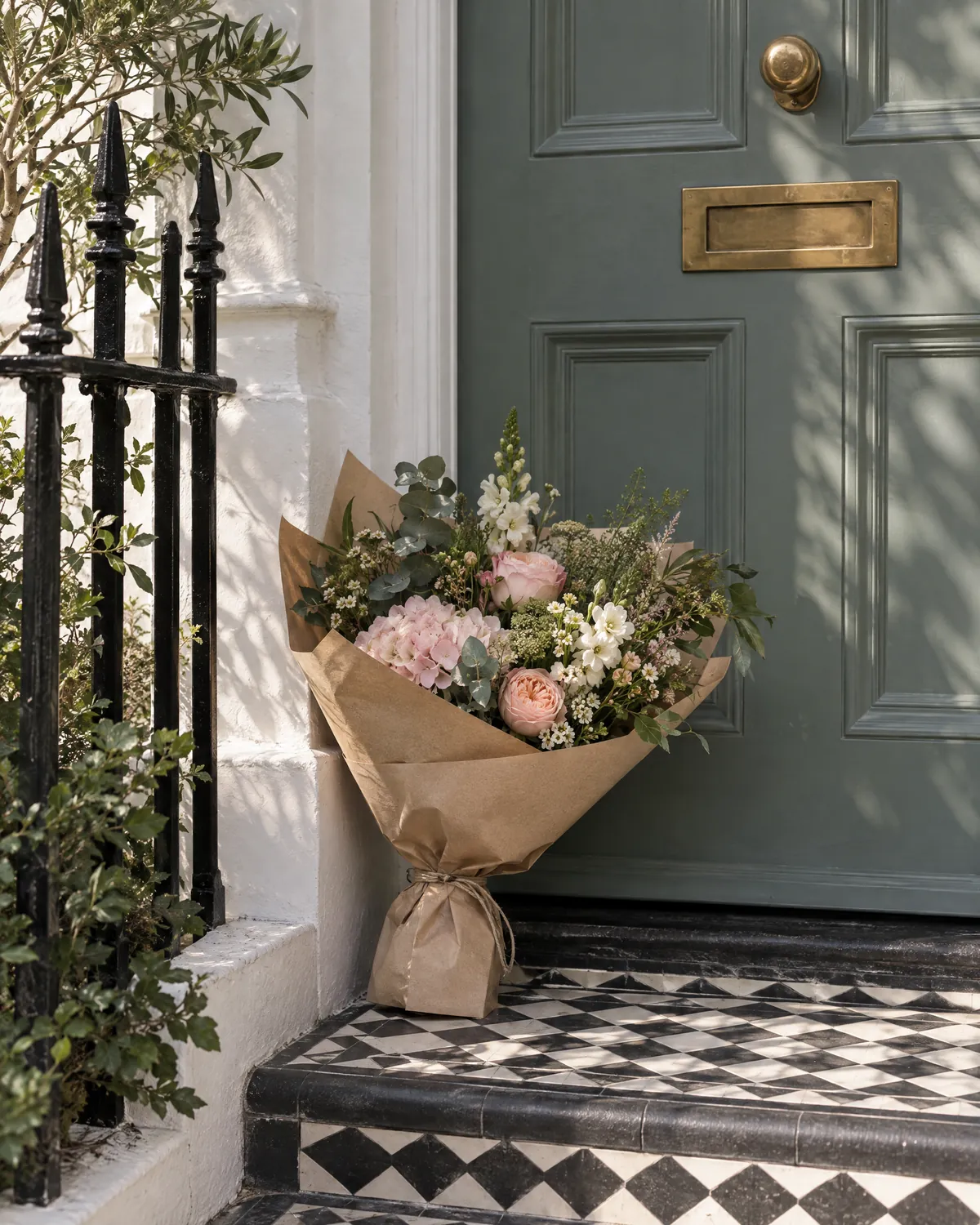 A wrapped bouquet left on a terrace doorstep beside a grey-green front door
