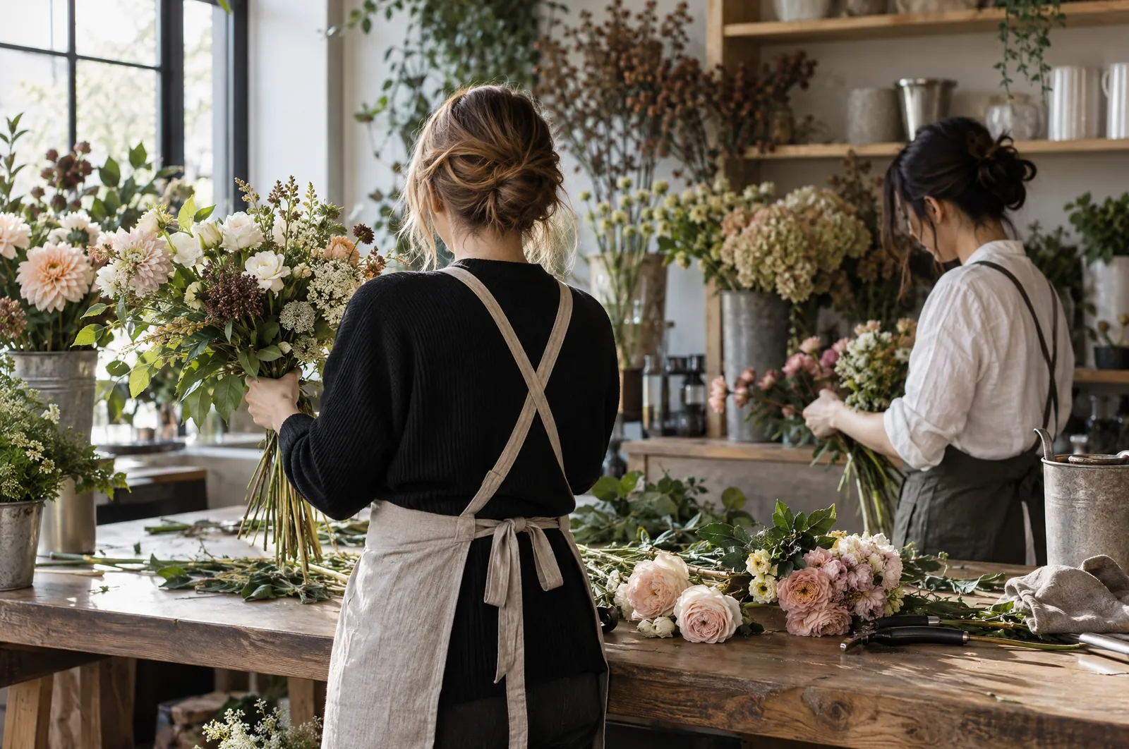 Two florists in aprons at the timber bench, working in daylight