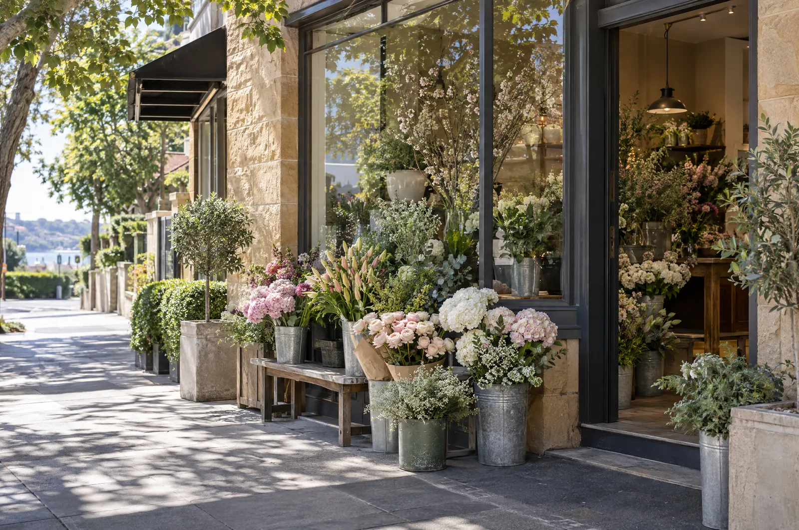 The Mosman shopfront with flowers in buckets on the footpath under shade trees