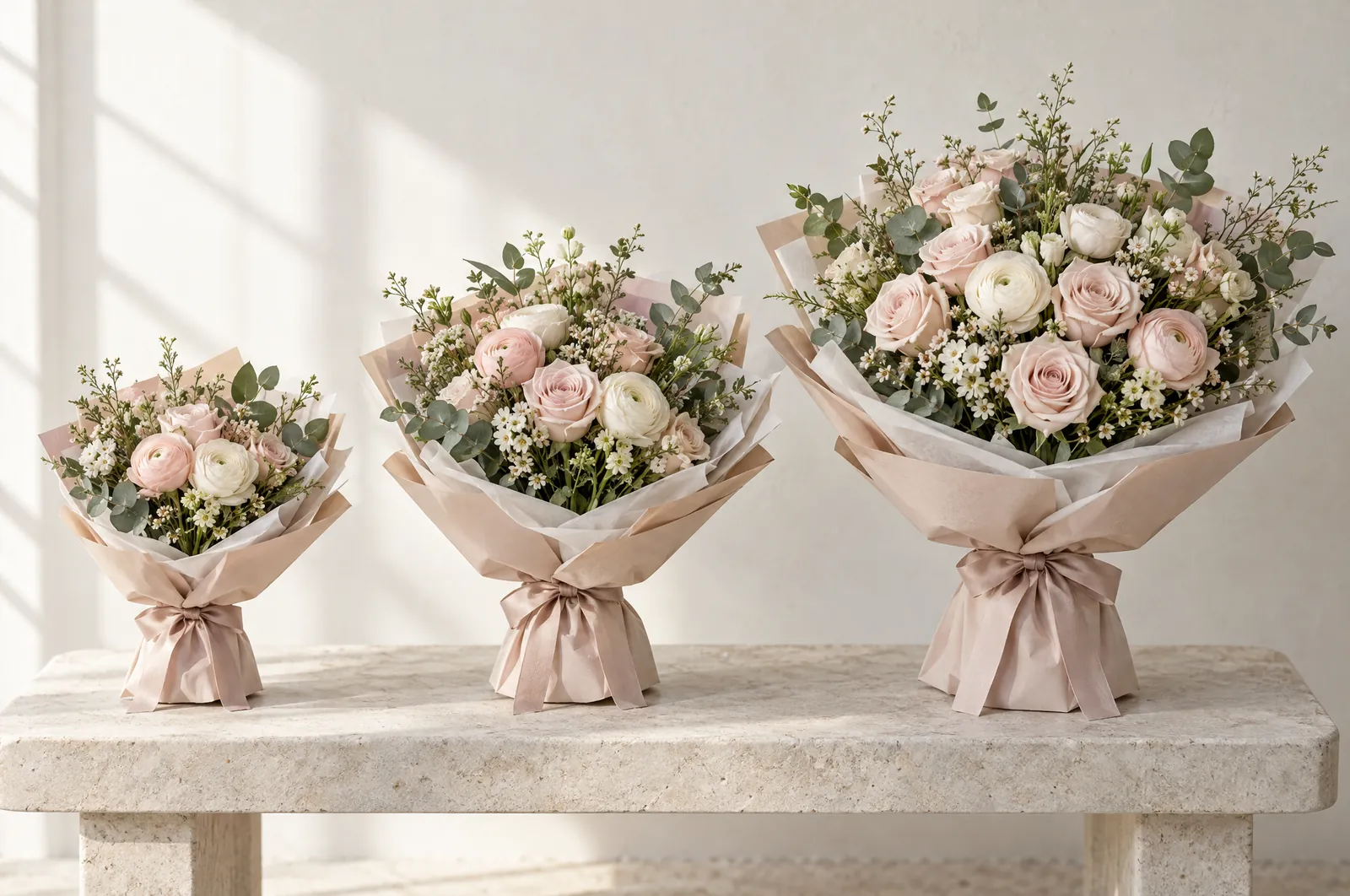 Three wrapped bouquets in Petite, Signature and Grand sizes on a stone bench