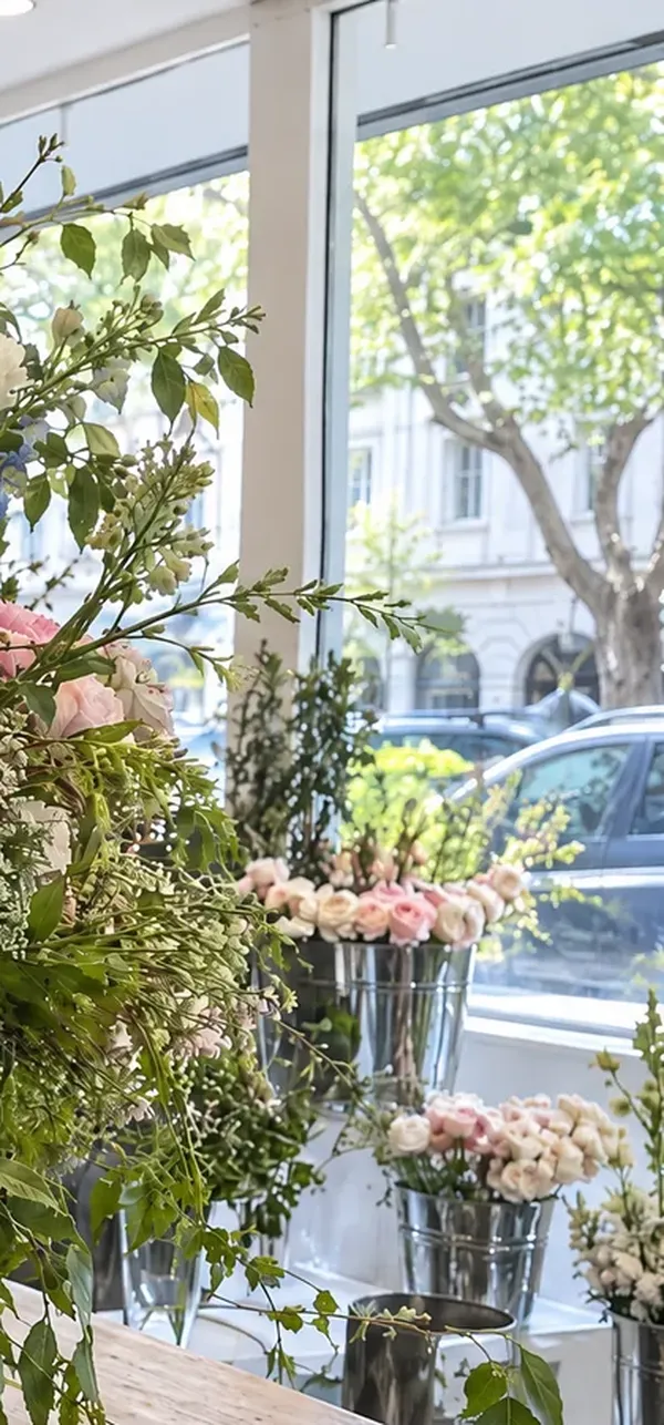 The shop window onto a tree-lined street, with buckets of pink and white flowers on the sill