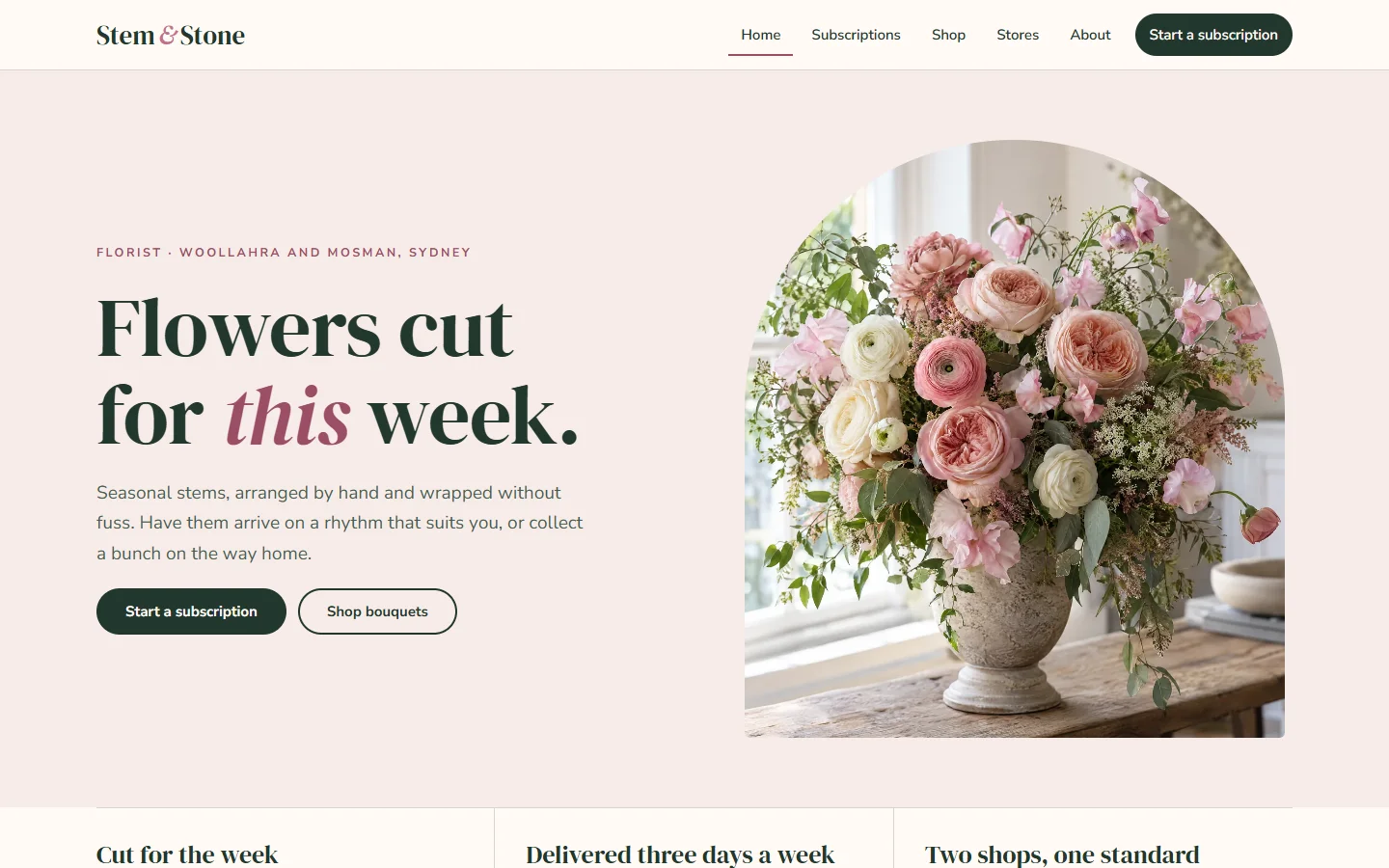 Stem and Stone sample florist site: pink and white bouquet in an arch-shaped frame on a blush background