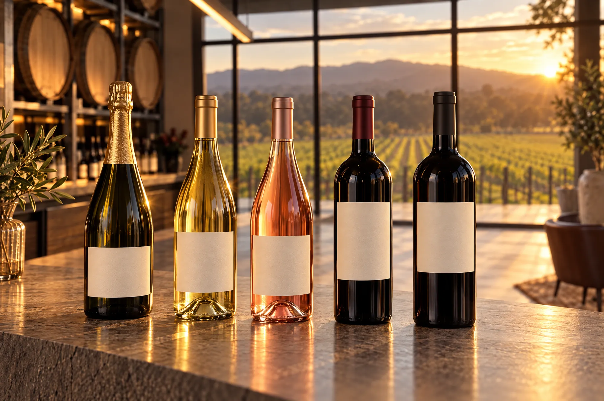 Five bottles with blank labels standing on the stone bar, from sparkling to red, with the vineyard behind