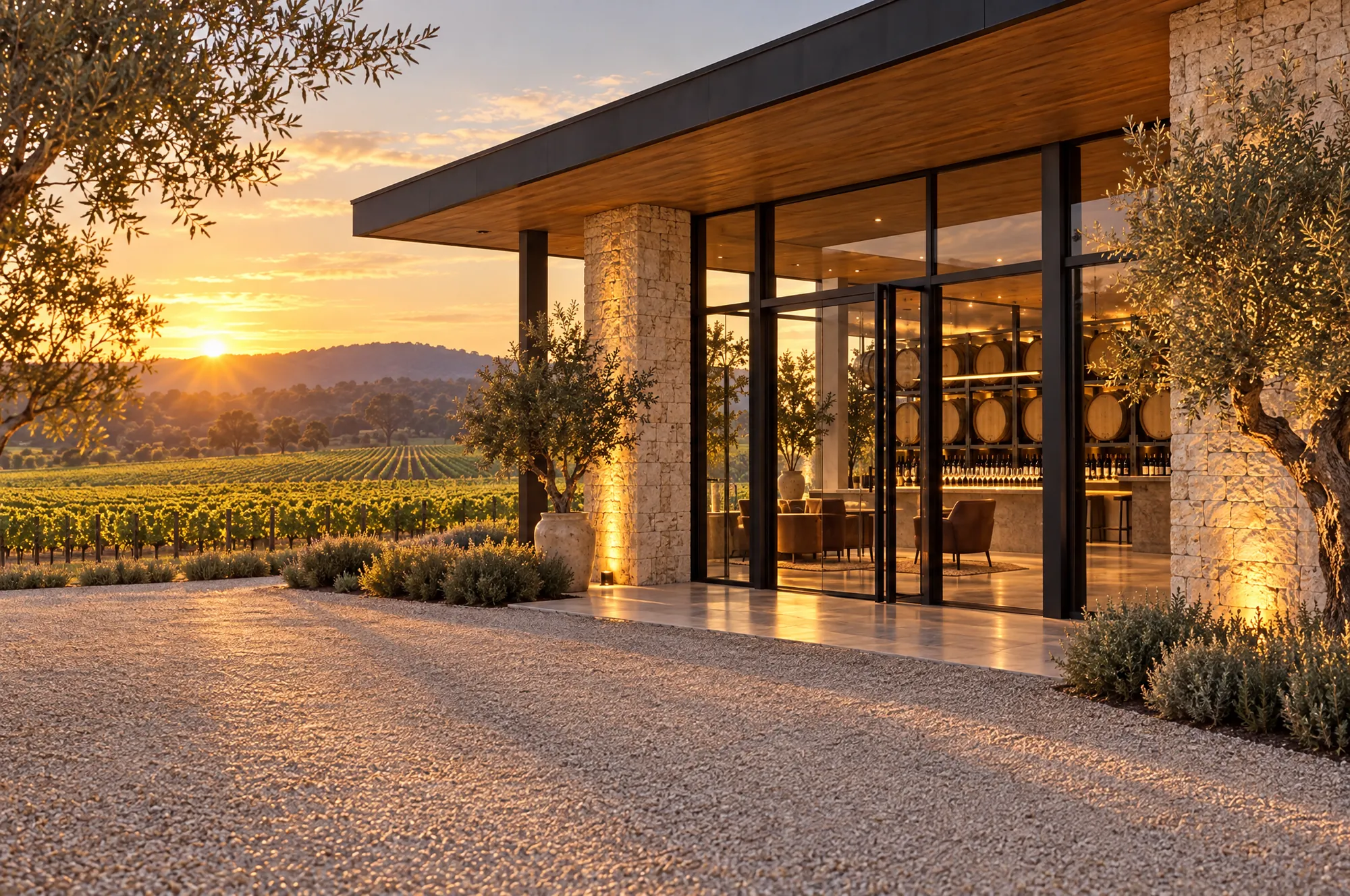 The stone and glass cellar door entrance at golden hour, with olive trees, gravel court and vines beyond