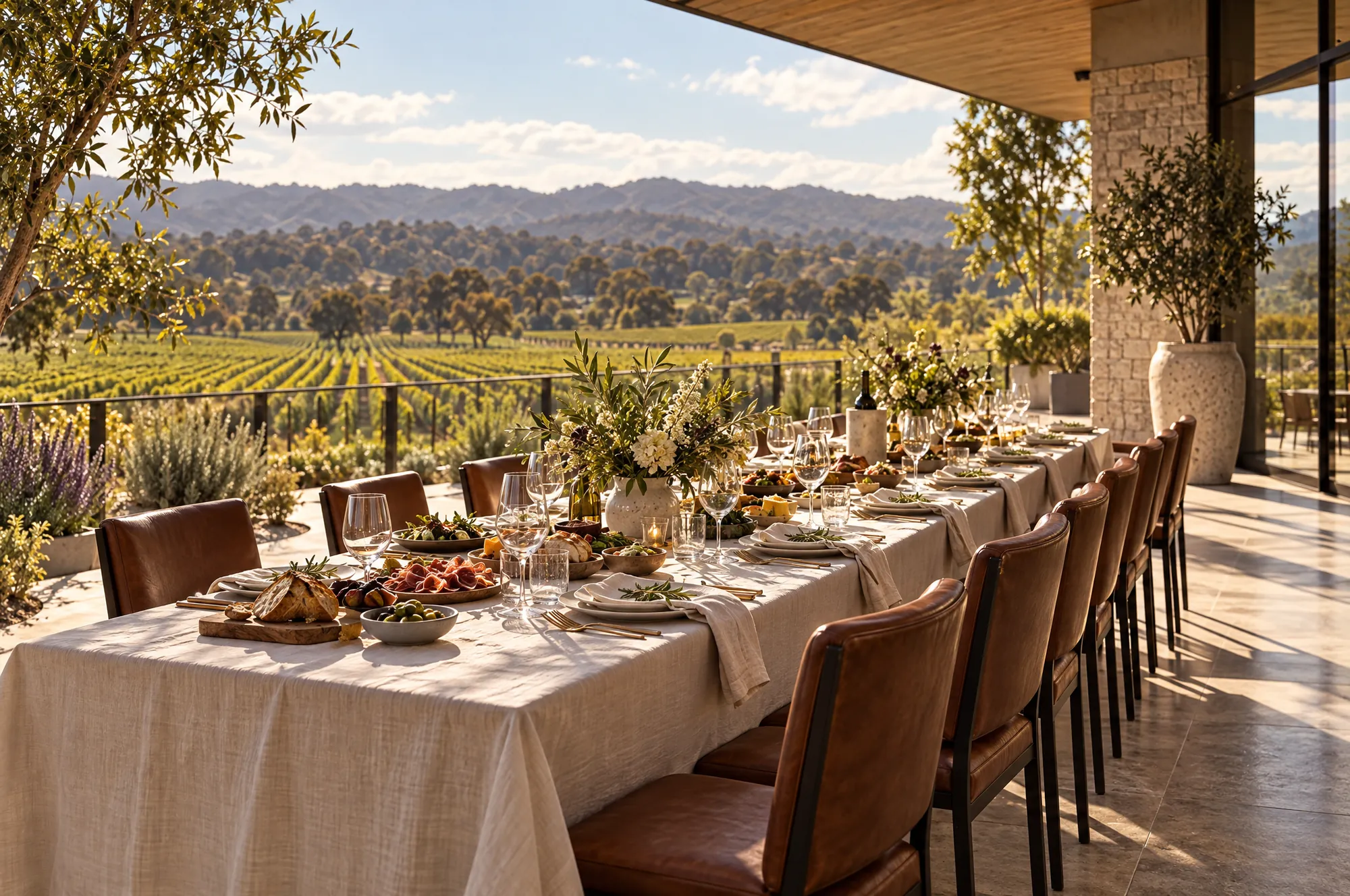 A long linen-covered table on the terrace set for lunch, with the vineyard beyond