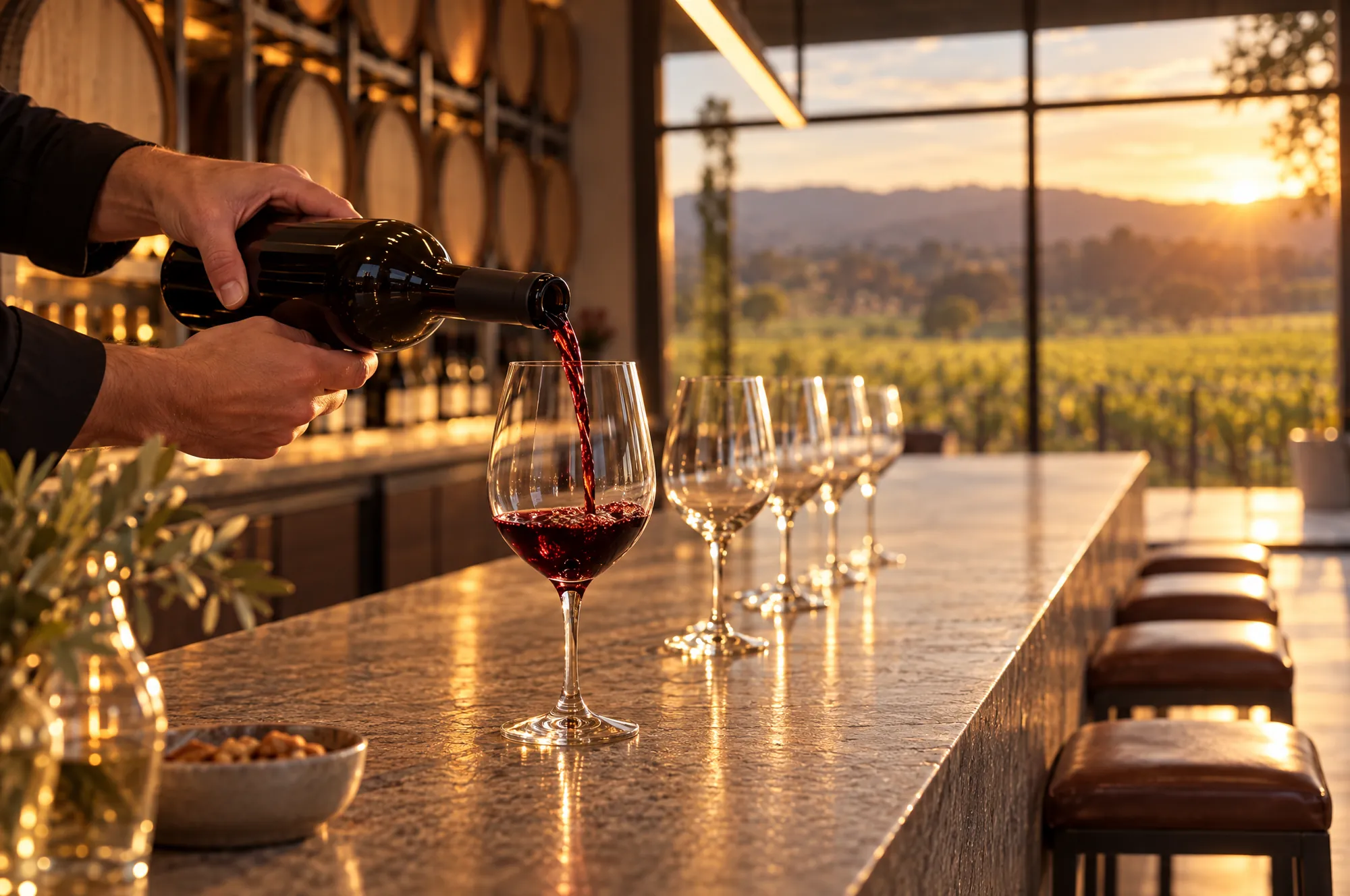 A host in a dark shirt pouring red wine into a glass at the stone bar