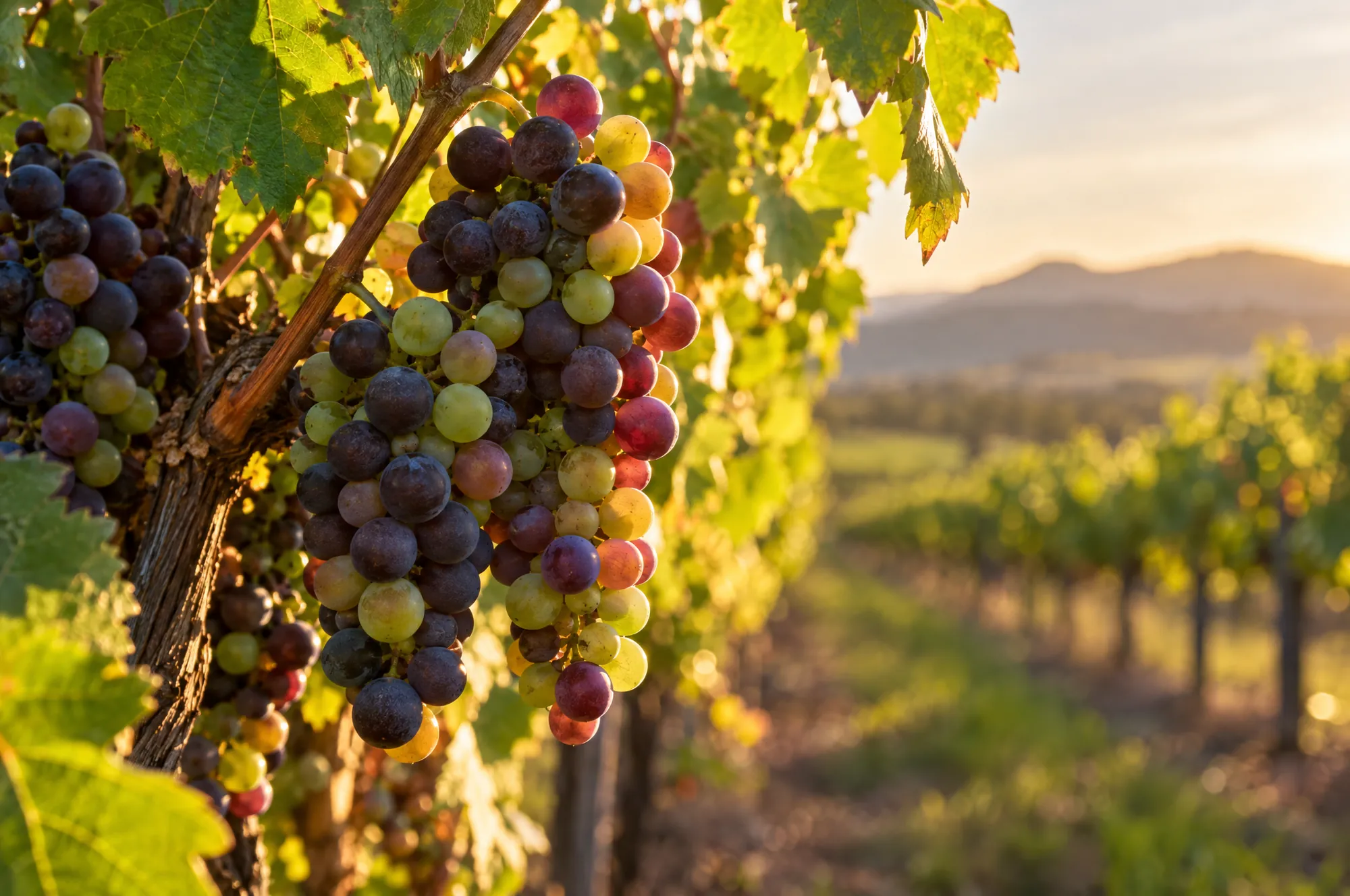 Ripening red and green grapes on the vine in warm evening light