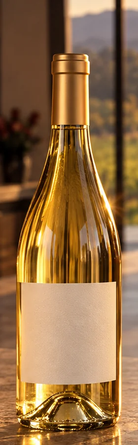 A bottle of the Riesling with a blank label, standing on the stone bar