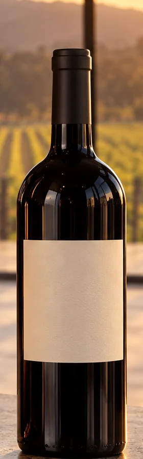 A bottle of the Shiraz with a blank label, standing on the stone bar