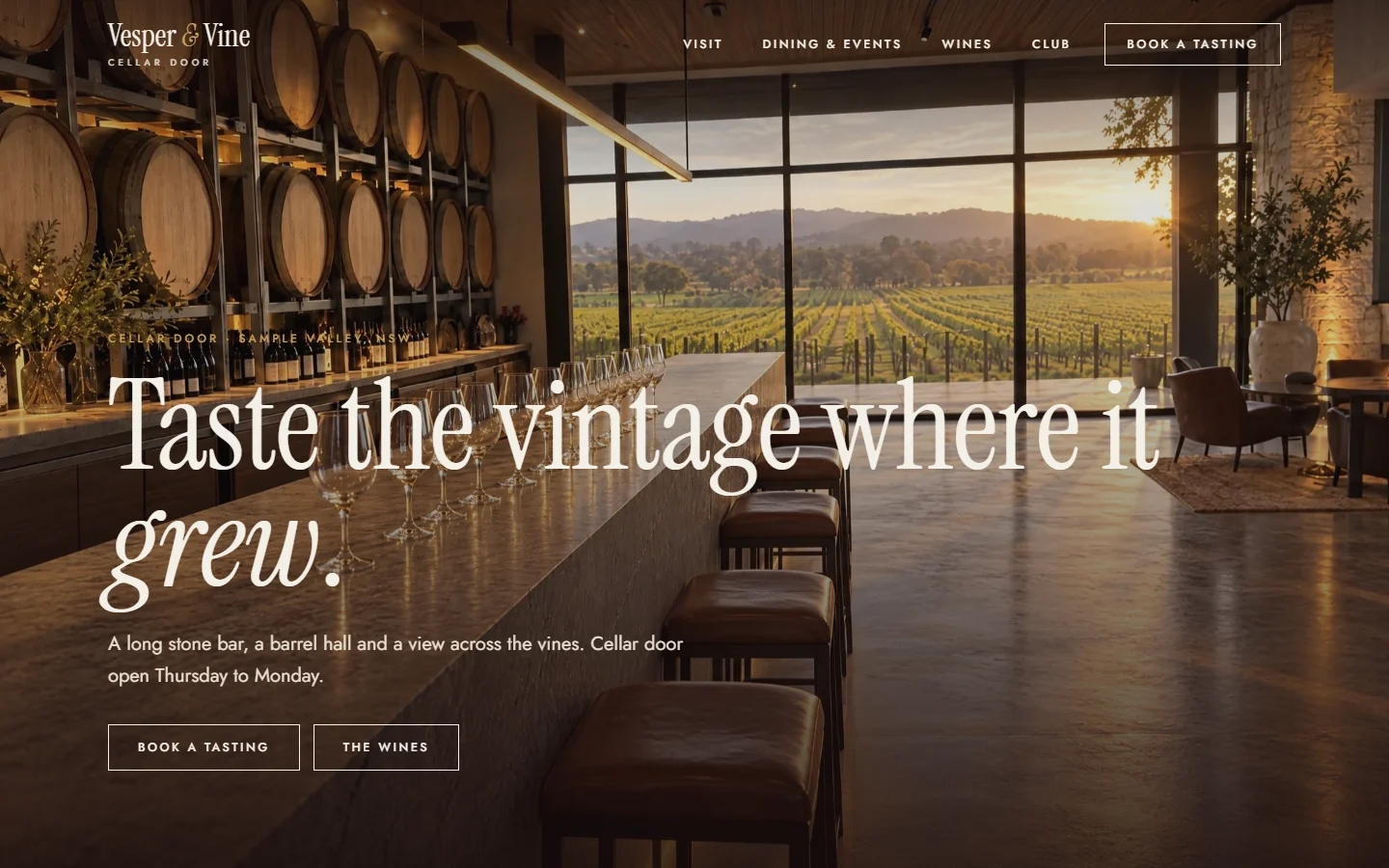Vesper and Vine Cellar Door sample site: wine-red hero with a flight of five wines at the bar